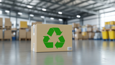Cardboard box with recycling symbol in warehouse, Cardboard box with a green recycle symbol sits in a warehouse setting.
